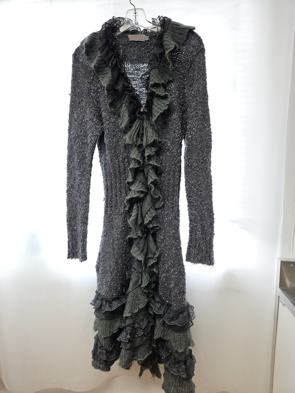 Pretty Angel Long Ruffled Open Cardigan - Dark Gray Flouncy Size L